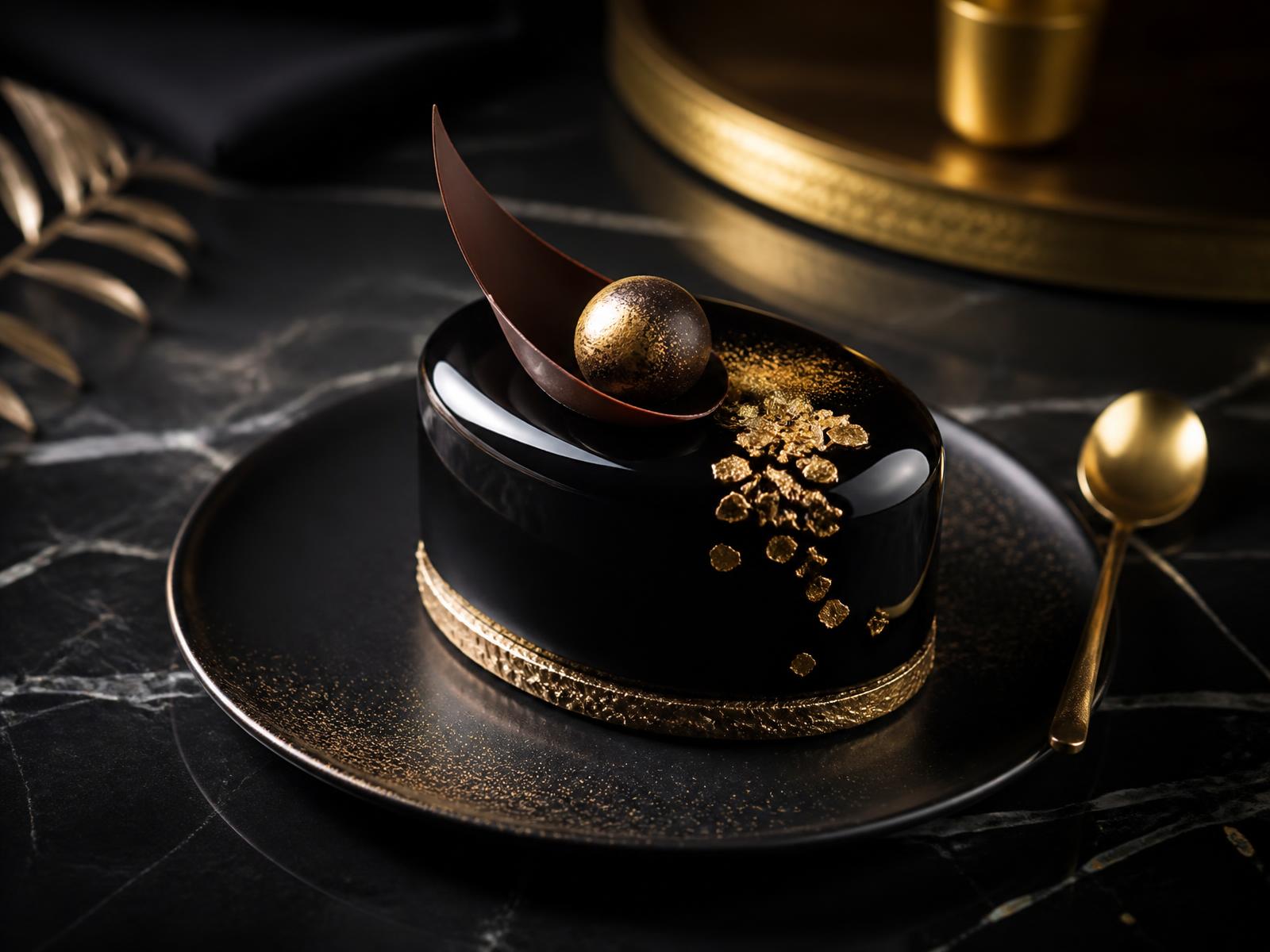 Entremets glaçage miroir décoré de feuilles d'or